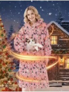 Cozy Pink Holiday Wearable Blanket with Pocket - Dog/Christmas tree